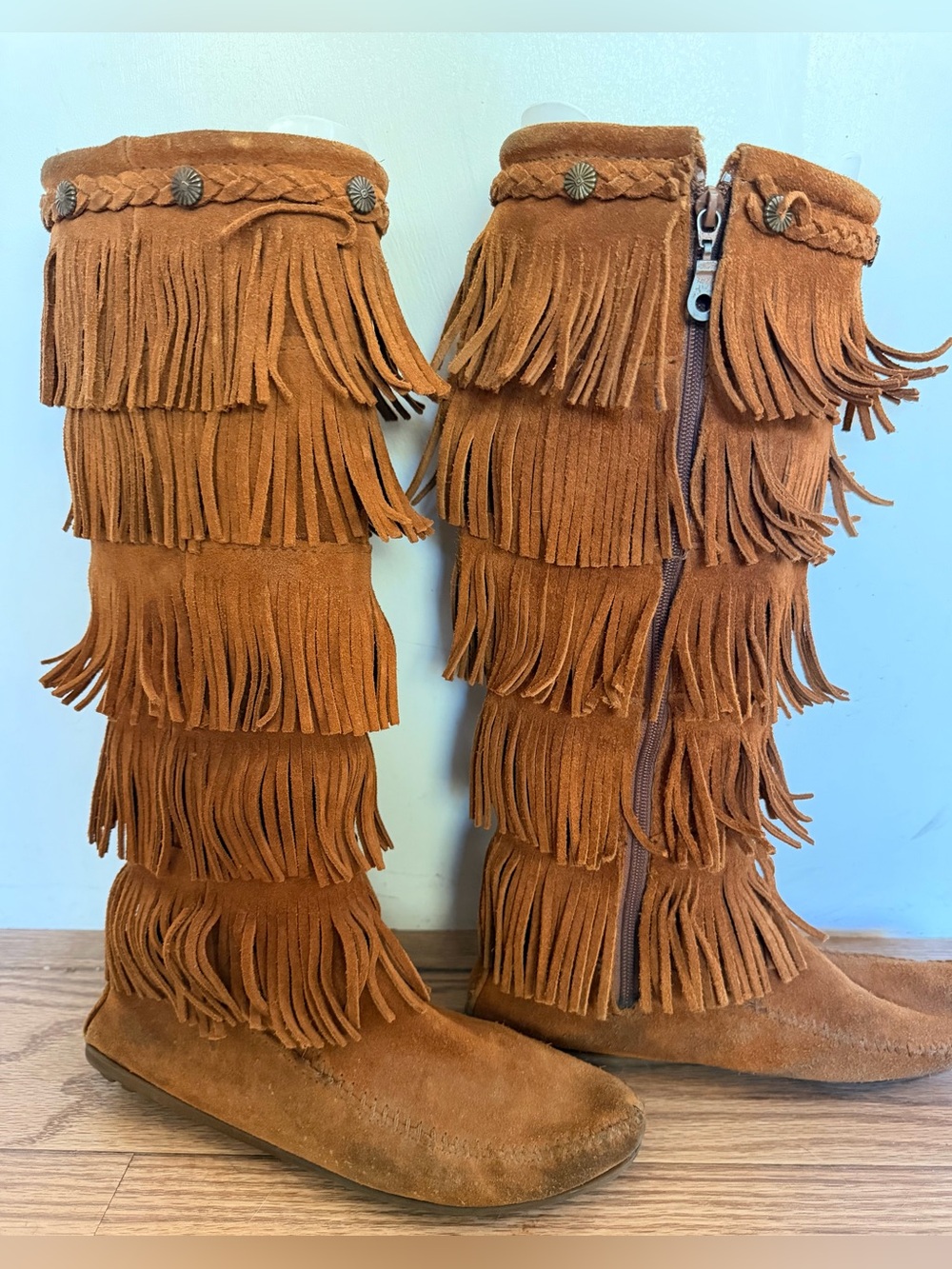 Minnetonka 5 layer Fringe Boots Size 8 Brown Suede Tall Moccasin